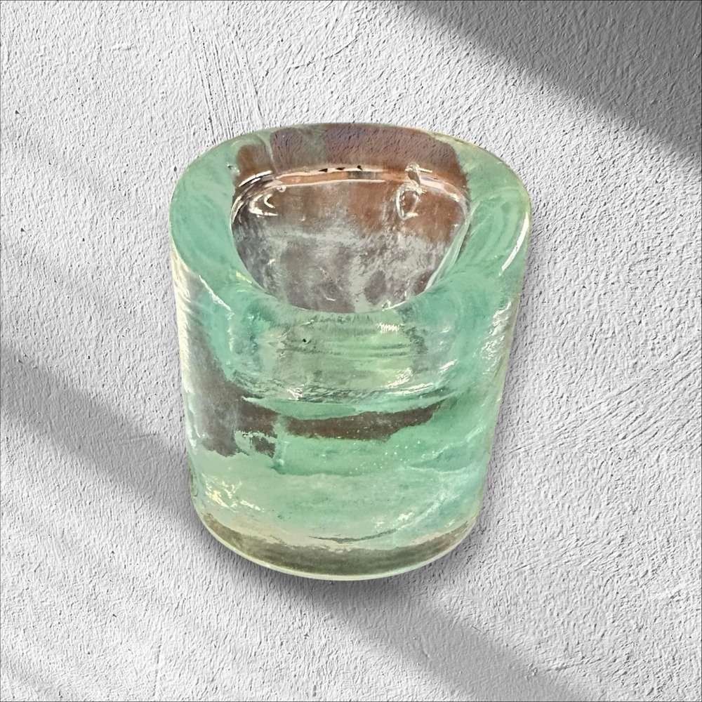 Reijmyre Sweden Round Sea Blue/Clear Glass Votive Candle Holder 3"x 3" - Picture 6 of 16